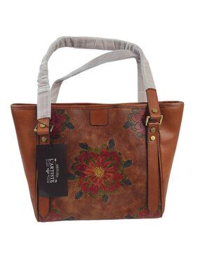 NEW L'Artiste Hand-Painted Leather Tote Bag With Floral Design Camel